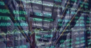 Depoda veri işleme animasyonu. Küresel gönderim ve bağlantılar konsepti dijital olarak oluşturulmuş video.