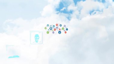 Animation of tech icons and social media users over clouds. Social media, communication, network and technology concept digitally generated video.