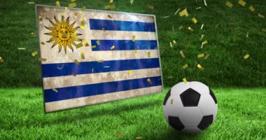 Futbol ve stadyum üzerinde konfeti ve uruguay bayrağı animasyonu. Küresel spor, vatanseverlik ve dijital arayüz kavramı dijital olarak üretilen video.