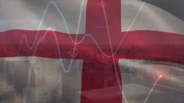 İngiltere bayrağı üzerinde veri işleme animasyonu. Küresel iş, vatanseverlik ve dijital arayüz kavramı dijital olarak üretilen video.
