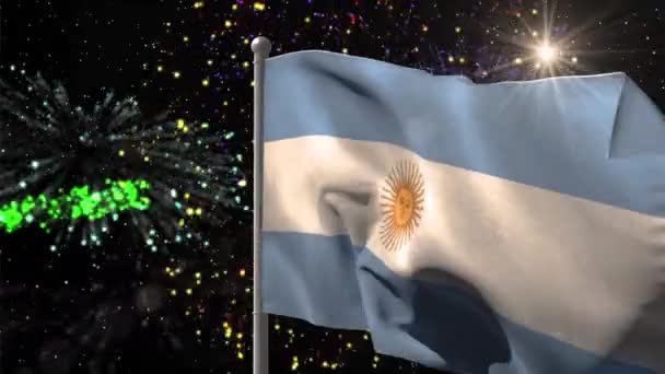 Κινούμενο Σχέδιο Σημαίας Της Αργεντινής Πάνω Από Πυροτεχνήματα Παγκόσμια Έννοια — Αρχείο Βίντεο