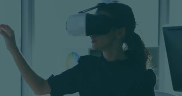 Animation Digital Icons Caucasian Woman Using Headset Global Business Futuristic — Stock Video
