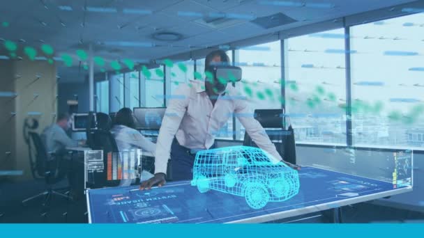 Анімація Фінансових Графіків Автомобільний Проект Над Афроамериканським Чоловіком Гарнітурі Офісі — стокове відео
