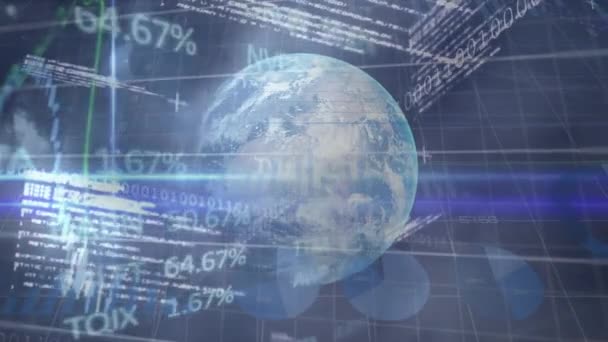 Animation Financial Data Processing Globe Blue Background Global Business Finances — Vídeo de Stock