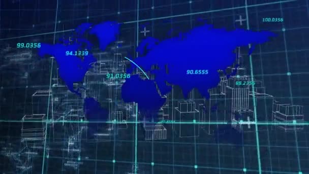Animação Dados Financeiros Mapa Mundo Cidade Metaversa Espaço Digital Marinha — Vídeo de Stock