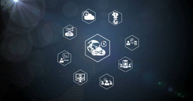 Mavi arkaplanda veri işleme resmi. küresel iş ve dijital arayüz kavramı dijital olarak oluşturulmuş görüntü.