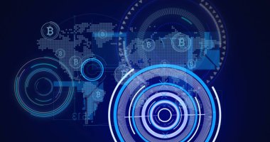 Küre görüntüsü, bitcoin, işleme çemberleri ve donanma arka planında dünya haritası. Küresel veri işleme, finans ve teknoloji konsepti dijital olarak oluşturuldu.