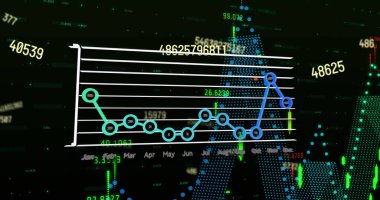 Karanlık arka planda finansal veri işleme resmi. Küresel bilim, bağlantılar, veri işleme ve dijital arayüz kavramı dijital olarak oluşturuldu.