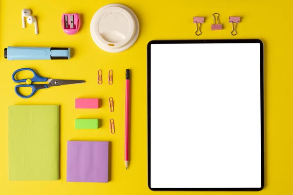 Composition School Equipment Tablet Copy Space Yellow Surface School Equipment — Photo