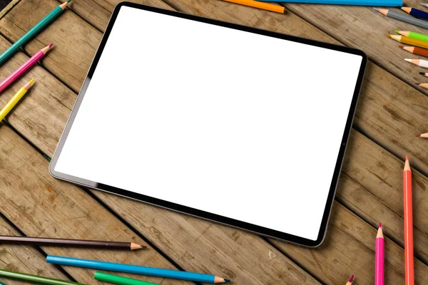 Composition Tablet Copy Space Crayons Wooden Surface School Equipment Tools — Stockfoto