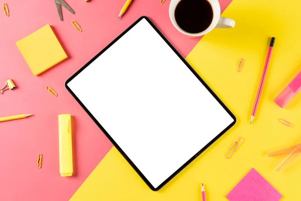 Composition Tablet Copy Space Coffee School Items Pink Yellow Surface — ストック写真