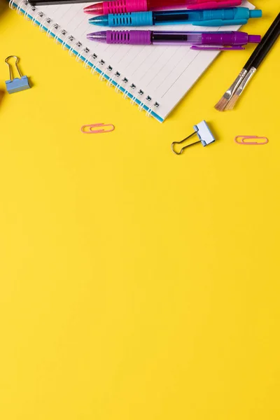 Imagine Various Office Supplies Plastic Utensils Paints Crayons Yellow Background — Foto de Stock