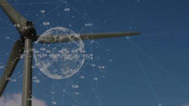 Rüzgâr türbininin üzerindeki dünya ve bağlantılar ağının animasyonu. Yeşil enerji, eko gücü, bağlantı ve teknoloji konsepti dijital olarak oluşturulmuş video.