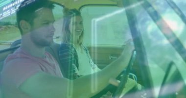 İki beyaz insanın arabasında dijital veri işleme animasyonu. Dijital olarak oluşturulmuş küresel bağlantılar, veri işleme ve dijital arayüz kavramı.