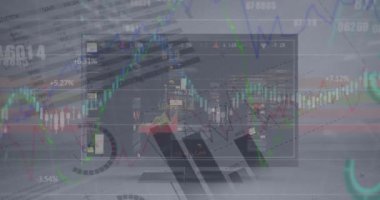 Animation of graphs and data processing over interface on computer screen. Global communication, business, data and digital interface concept digitally generated video.