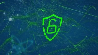 Animation of digital padlock, green lines and waves on blue background. Digital security and technology concept digitally generated video.