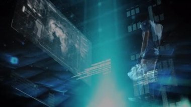 Animation of data processing and world map over african american male american football player. Sport, competition, digital interface and technology concept digitally generated video.