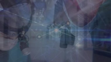 Animation of network of connections over surgeons in operating theatre. Global medicine, technology, data processing and digital interface concept digitally generated video.