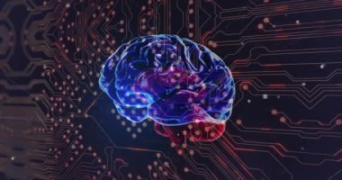 Animation of digital brain over computer circuit board on black background. Global business, computing and digital interface concept digitally generated video.