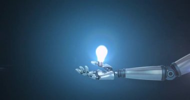 Robot kolunun üzerinde yanan ampulün animasyonu. Koyu arkaplanda ışık var. Elektrik mühendisliği teknolojisi iletişimi ve araştırma konsepti dijital olarak oluşturulmuş video.
