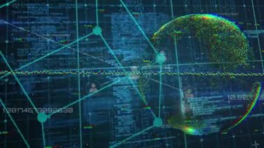 Finansal grafiklerin, kübün, kübün ve donanma dijital alanındaki bağlantıların animasyonu. İş, finans, ağ, dijital arayüz ve teknoloji konsepti dijital olarak oluşturulmuş video.