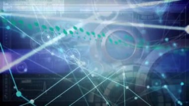 Bağlantılar üzerinden grafiklerin animasyonu ve mavi arka plandaki bilimsel veriler. Bağlantılar, iletişim, ağ, veri işleme ve teknoloji konsepti dijital olarak oluşturulmuş video.