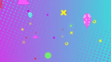 Mor ve sarı arka planda hareket eden canlı geometrik şekillerin animasyonu. Desen, renk ve hareket konsepti dijital olarak oluşturulmuş video.