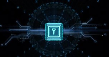 Siyah arkaplanda veri işleme ve anahtar simgesinin canlandırılması. Küresel iş, bilgisayar ve dijital arayüz kavramı dijital olarak oluşturulmuş video.