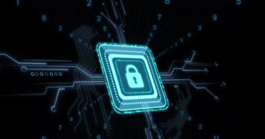 Siyah arka planda dijital veri işleme ve güvenlik kilidinin animasyonu. Dijital olarak oluşturulmuş küresel bağlantılar, teknoloji ve dijital arayüz kavramı.
