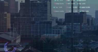 Animation of finacial data processing over cityscape. Global business, finances, data processing and digital interface concept digitally generated video.