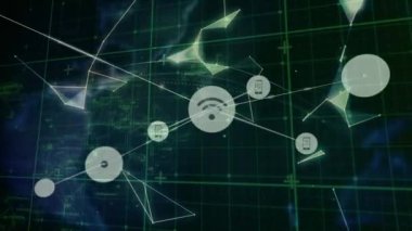 Veri işleme ve kara arkaplan üzerinde bağlantı ağı olan dünyanın animasyonu. Dijital olarak oluşturulmuş küresel bağlantılar, bilgisayar ve dijital arayüz kavramı.
