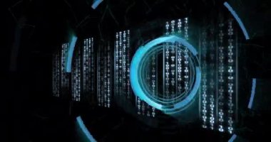 Siyah arkaplan üzerinden tarama ve veri işleme animasyonu. Küresel iş, bilgisayar ve dijital arayüz kavramı dijital olarak oluşturulmuş video.