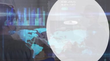 Animation of digital screen with white shape over diverse buisnesspeople in face masks. Business, working in office during covid 19 pandemic and technology concept digitally generated video.