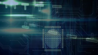 Karanlık arka planda dijital arayüz animasyonu. küresel bilim, bağlantılar, veri işleme ve dijital arayüz kavramı dijital olarak oluşturulmuş video.