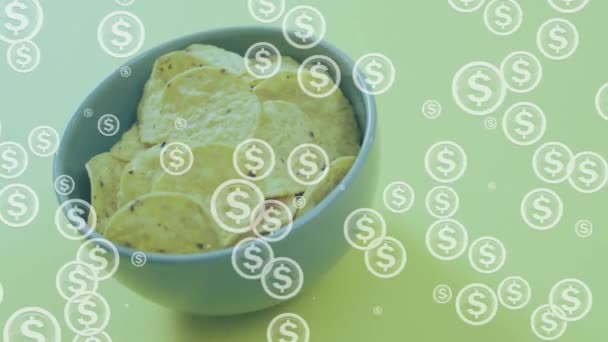 Animation Dollars Blinking Bowl Chips Food Finance Economy Concept Digitally — Vídeos de Stock