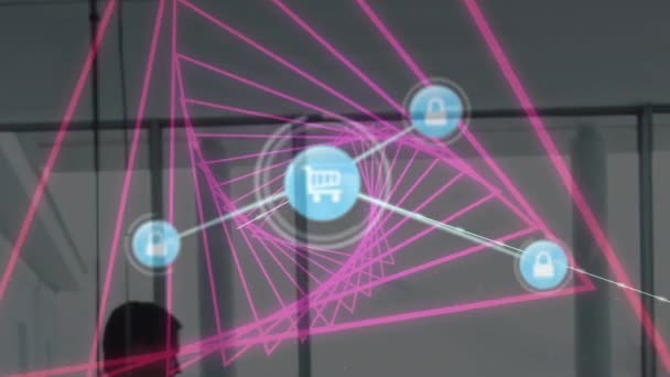 Cyfrowa Animacja Sieci Ikon Cyfrowych Tle Neonowego Różowego Świecącego Tunelu — Wideo stockowe