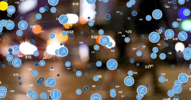 Animation Connected Media Social Network Icons Processing Data City Street — Stock Video