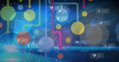 Bağlantılar ve konuşma baloncukları ağı giderek artan sayıda ışık noktalarına düşüyor. Dijital arayüz ve iş teknolojisi kavramı