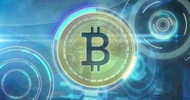 Donanma arkaplanındaki işleme çemberleri ve bitcoin resmi. Küresel veri işleme, finans ve teknoloji konsepti dijital olarak oluşturuldu.