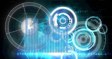 Çemberleri işleme görüntüsü ve donanma arkaplanının grafiği. Küresel veri işleme, finans ve teknoloji konsepti dijital olarak oluşturuldu.