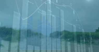 Manzara üzerinde veri işleme resmi. Küresel iş ve dijital arayüz kavramı dijital olarak oluşturulmuş görüntü.