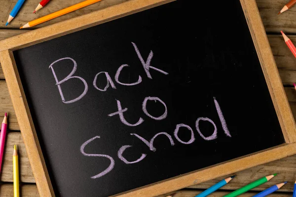 Composition Blackboard Back School Crayons Wooden Background School Equipment Tools — ストック写真