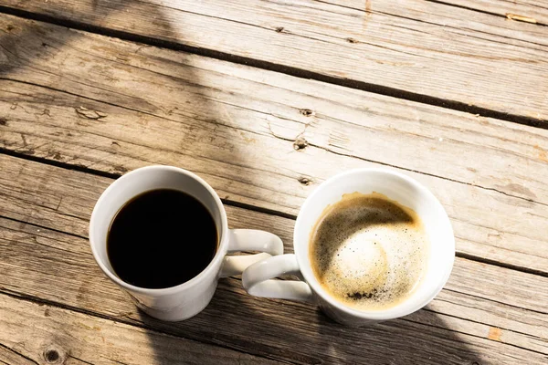 Image Two White Cup Black Coffee Wooden Background Coffee Refreshment — Stock fotografie