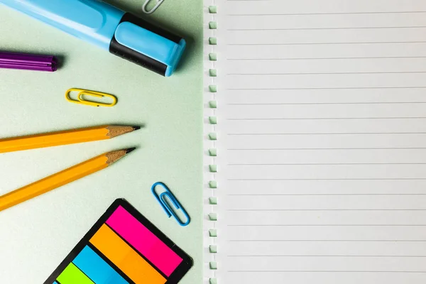 Composition Notebook Copy Space School Tools Green Surface School Equipment — Foto Stock