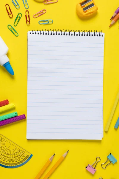Imagine Various Office Supplies Plastic Utensils Paints Crayons Yellow Background — ストック写真