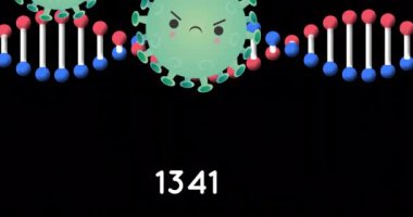 Karanlık arka planda dönen ve düşen DNA iplikçiklerinin animasyonu. Küresel covid 19 salgın, ilaç ve sağlık hizmetleri konsepti dijital olarak oluşturulmuş video.