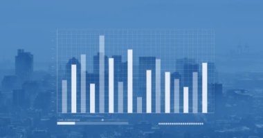 Animation of digital data processing over cityscape. Global connections, technology and digital interface concept digitally generated video.