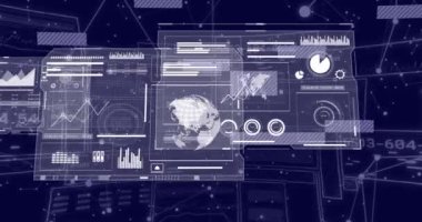 Siyah arkaplanda veri işleme animasyonu. Küresel iş, bilgisayar ve dijital arayüz kavramı dijital olarak oluşturulmuş video.
