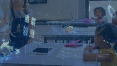 Animation of data processing over caucasian girl making presentation and class of diverse pupils. School, education, finance and data processing concept digitally generated video.