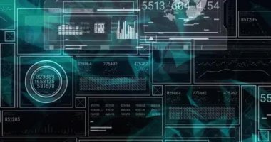 Siyah arka planda dünya ve veri işleme animasyonları. Küresel iş, bilgisayar ve dijital arayüz kavramı dijital olarak oluşturulmuş video.